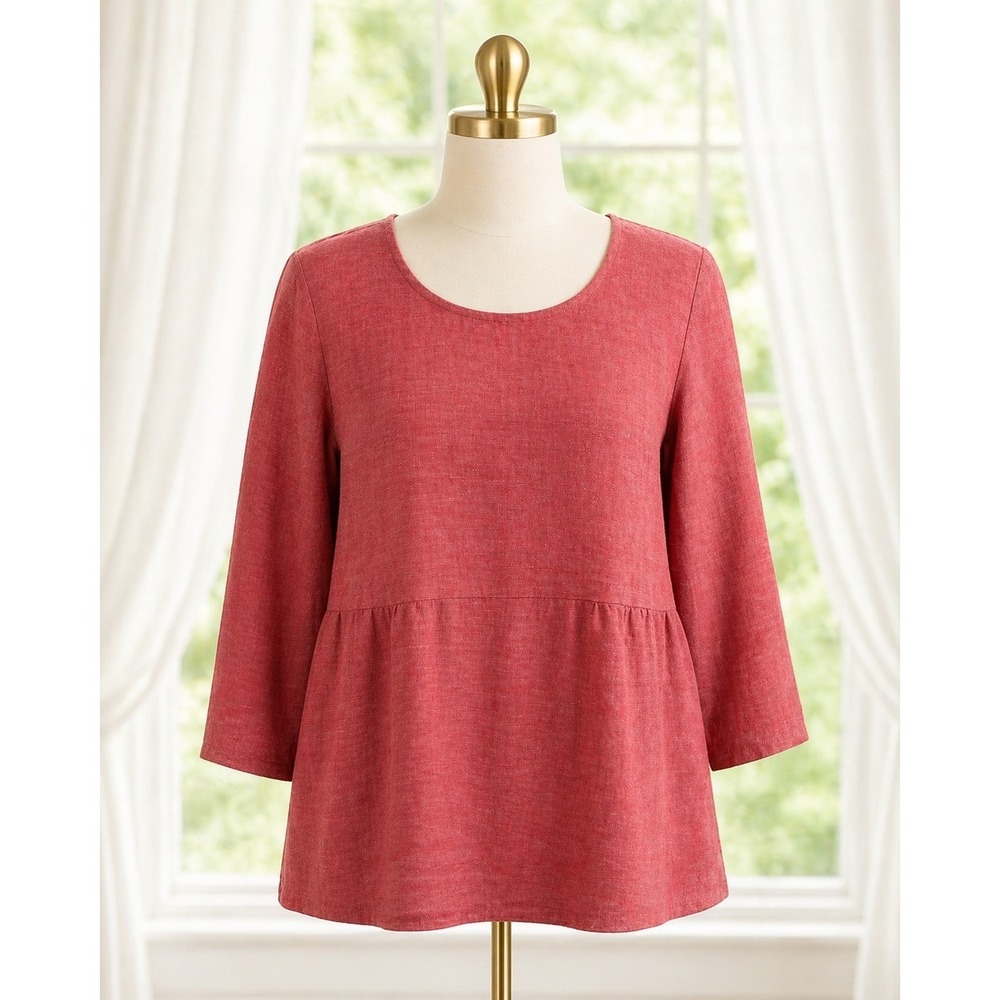 J. Jill Pure Jill Linen Blend Popover Top Red Empire Waist 3/4 Sleeve Sz Small